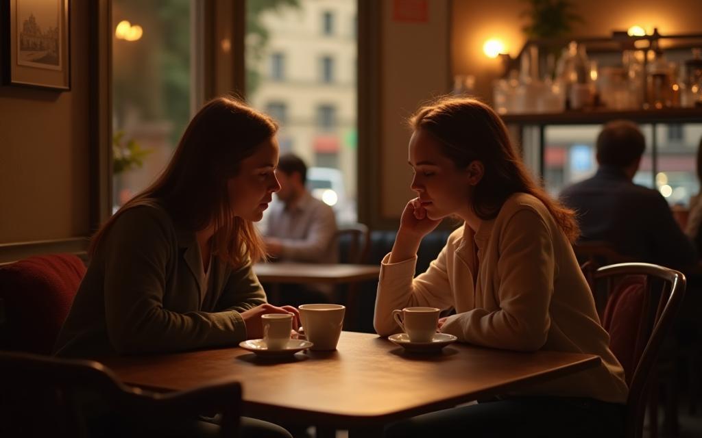 Tutor and student in a French café, practicing language together